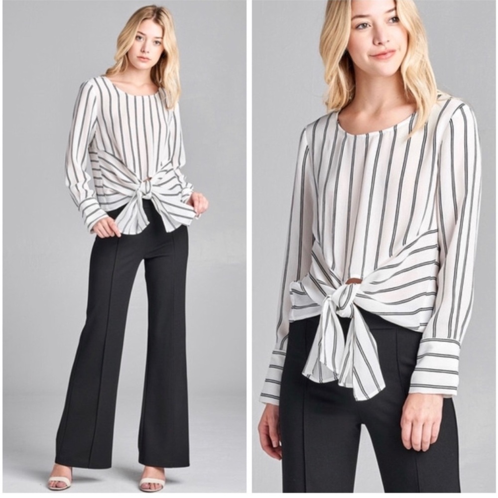 Striped bottom tie long sleeve blouse - Picture 1 of 4